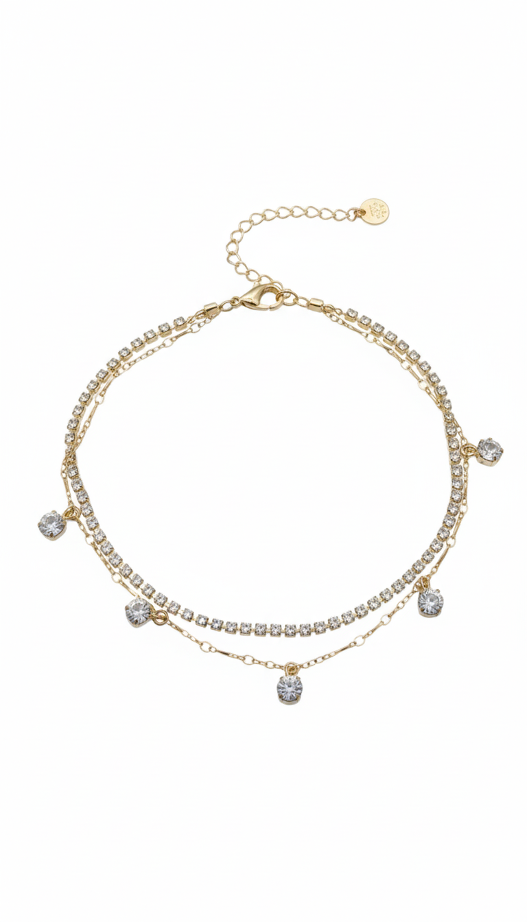 Gold-Toned Dual Layer Pearl and Pave Anklet