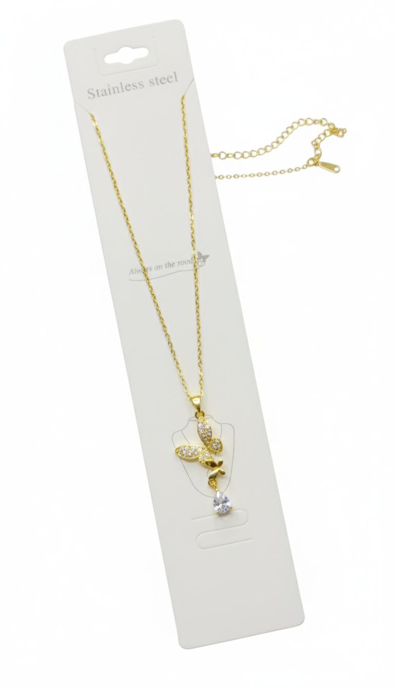Gold-Toned Pave Butterfly Necklace with Teardrop Dangle