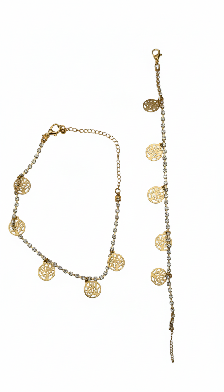 Gold-Toned Pave Chain Set with Engraved Disc Charms Anklet
