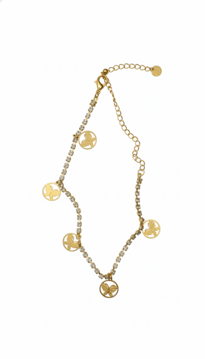 Gold-Toned Pave Chain with Engraved Butterfly Charms Anklet