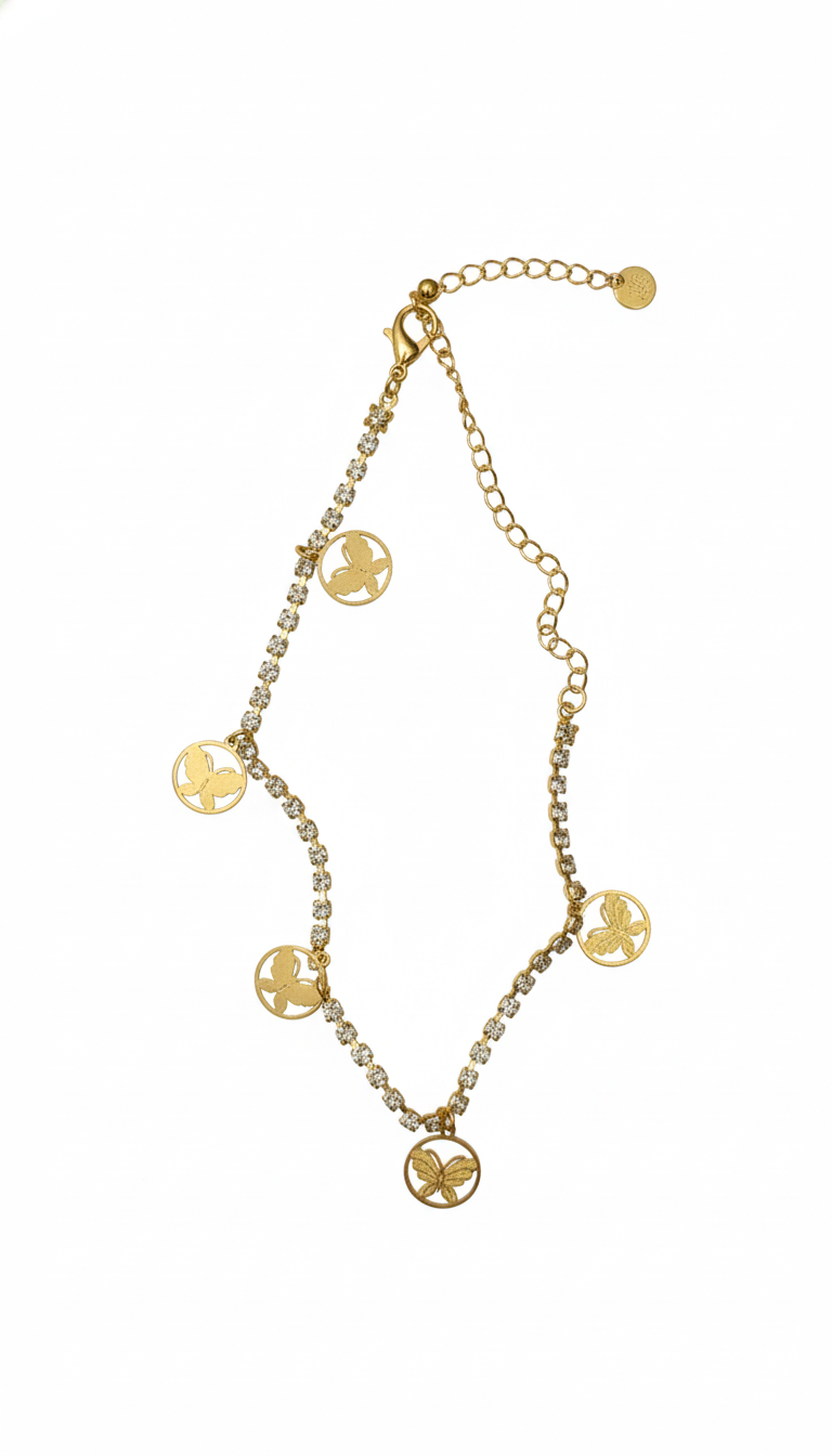 Gold-Toned Pave Chain with Engraved Butterfly Charms Anklet