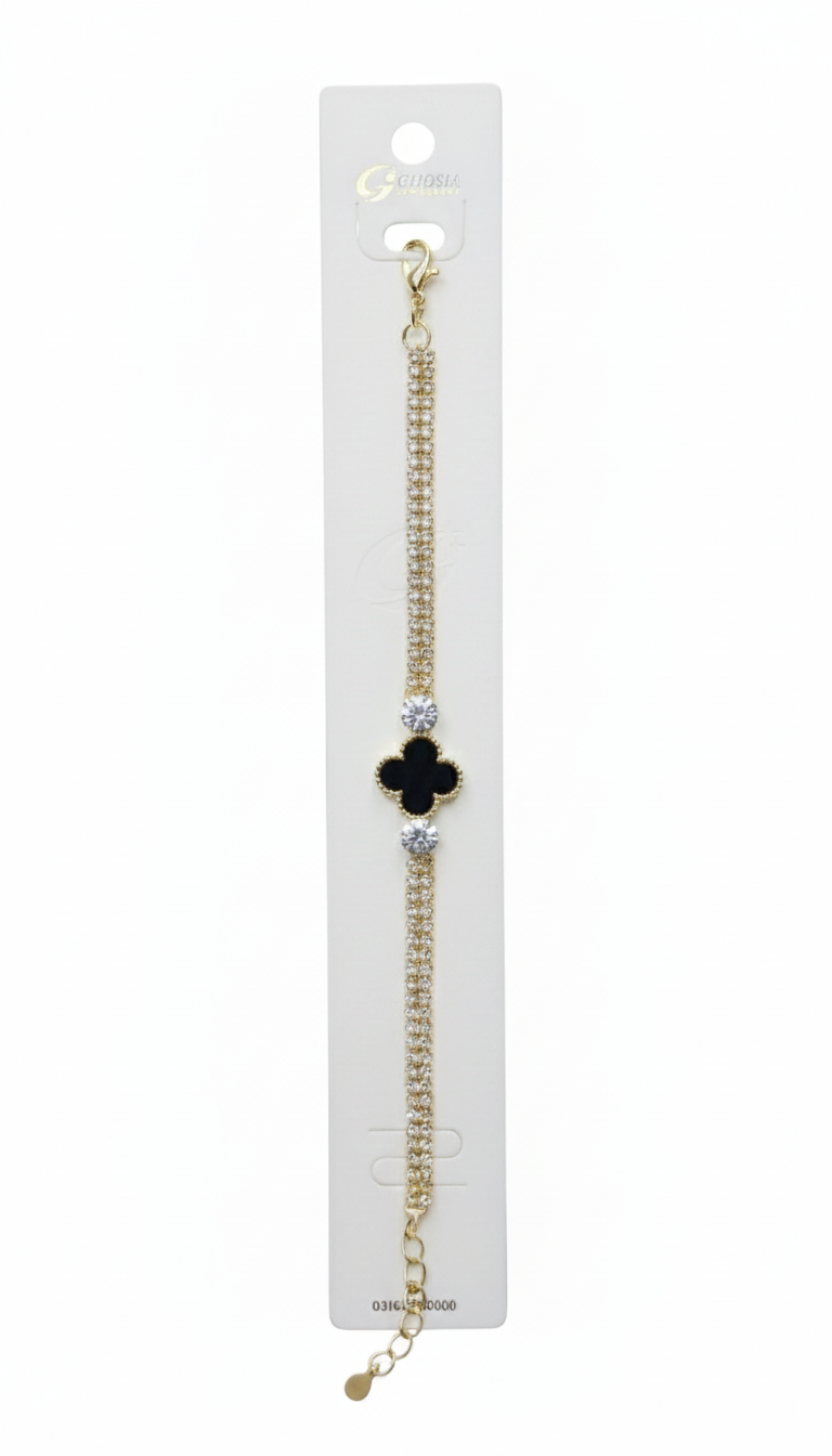 Gold-Toned Pave Crystal Chain Bracelet with Black Clover Charm