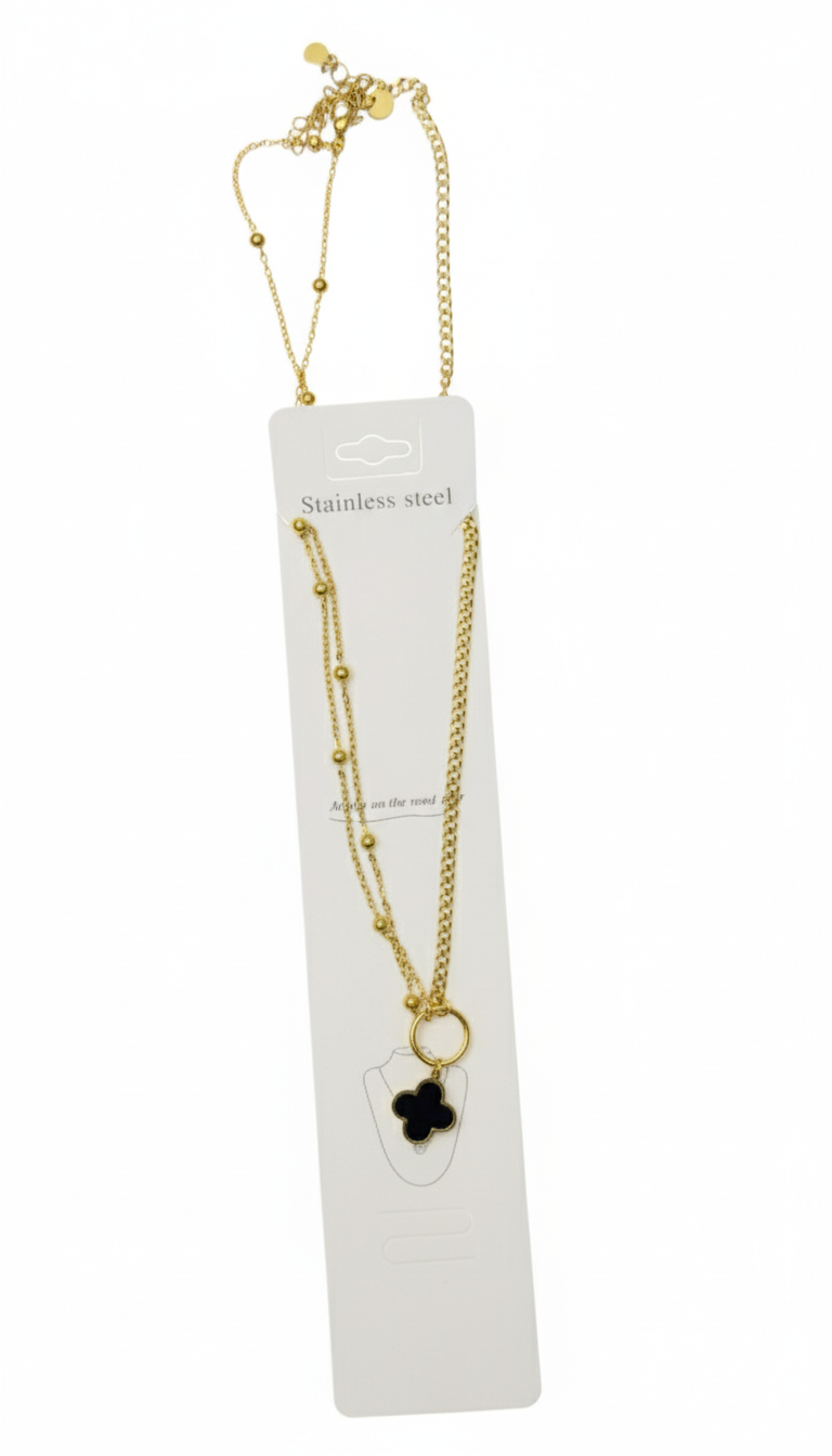 Stainless Steel Gold-Toned Layered Necklace with Black Clover Pendant